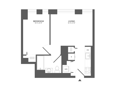 Floor plan for 1 bed, 1 bath, 532 sqft